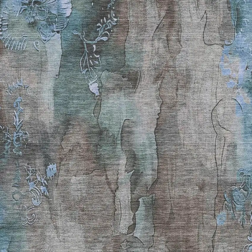 Taupe And Blue Floral Washable Indoor Outdoor Area Rug Photo 3