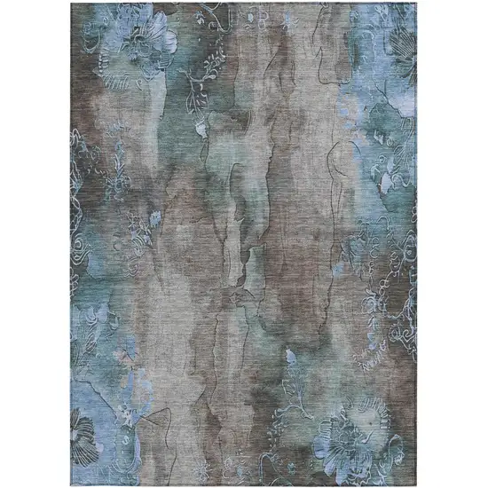 Taupe And Blue Floral Washable Indoor Outdoor Area Rug Photo 1