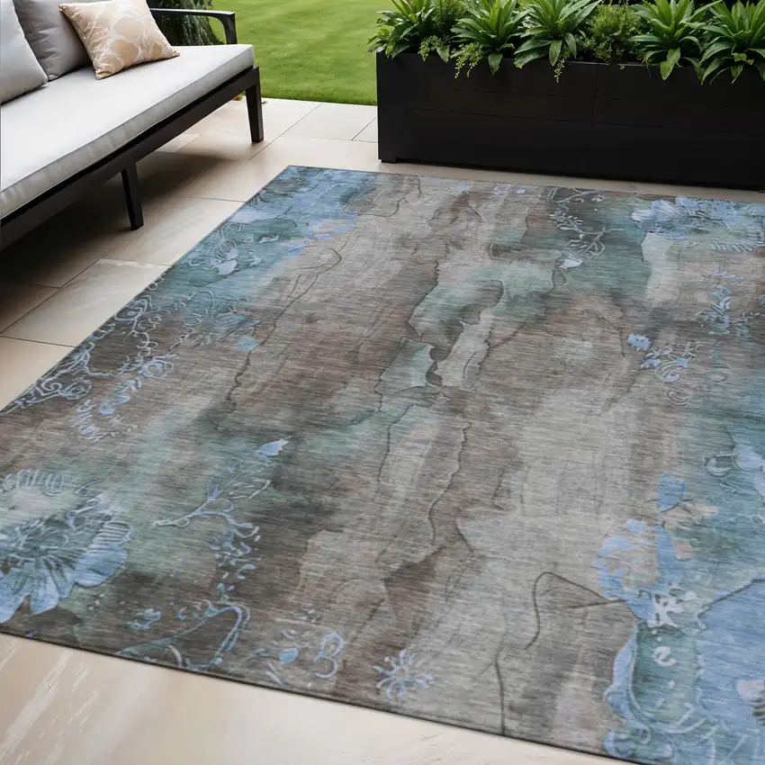 Taupe And Blue Floral Washable Indoor Outdoor Area Rug Photo 2