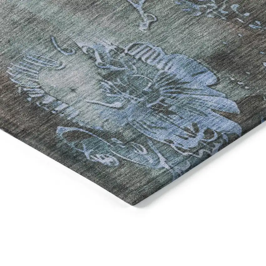 Taupe And Blue Floral Washable Indoor Outdoor Area Rug Photo 9