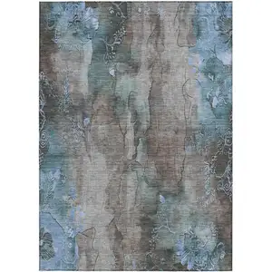Photo of Taupe And Blue Floral Washable Indoor Outdoor Area Rug