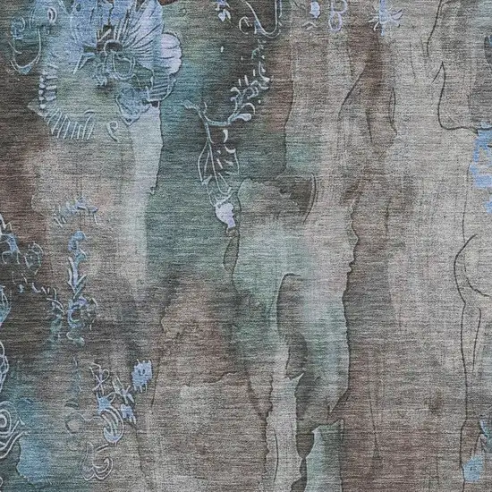 Taupe And Blue Floral Washable Indoor Outdoor Area Rug Photo 3