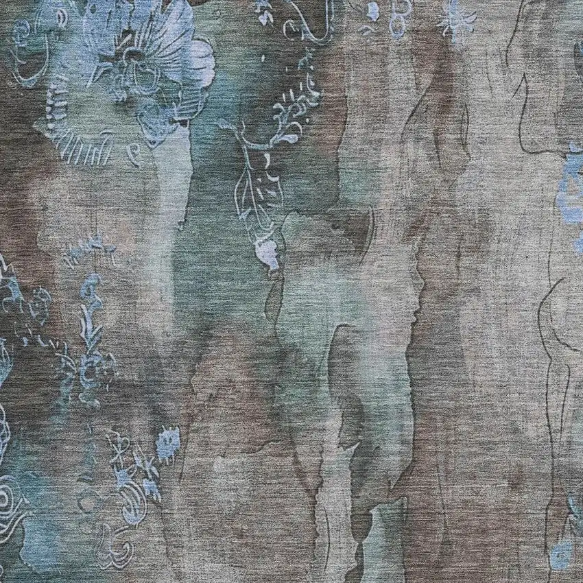 Taupe And Blue Floral Washable Indoor Outdoor Area Rug Photo 3