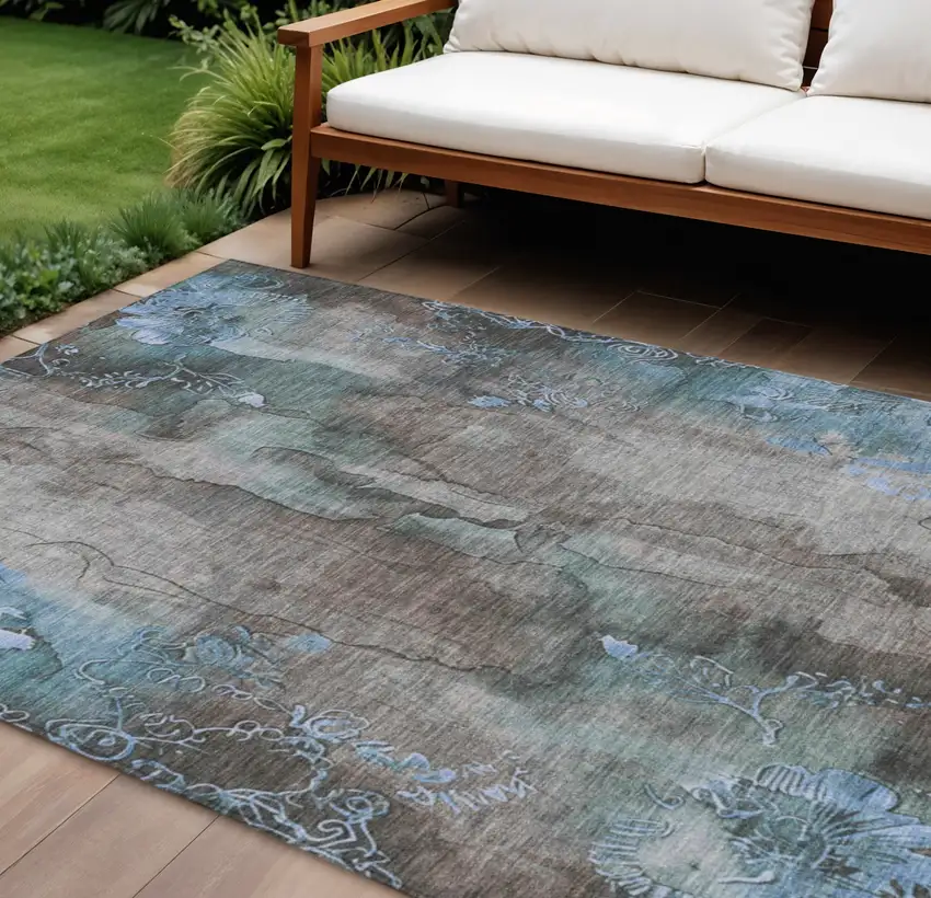 Taupe And Blue Floral Washable Indoor Outdoor Area Rug Photo 2