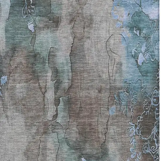 Taupe And Blue Floral Washable Indoor Outdoor Area Rug Photo 3