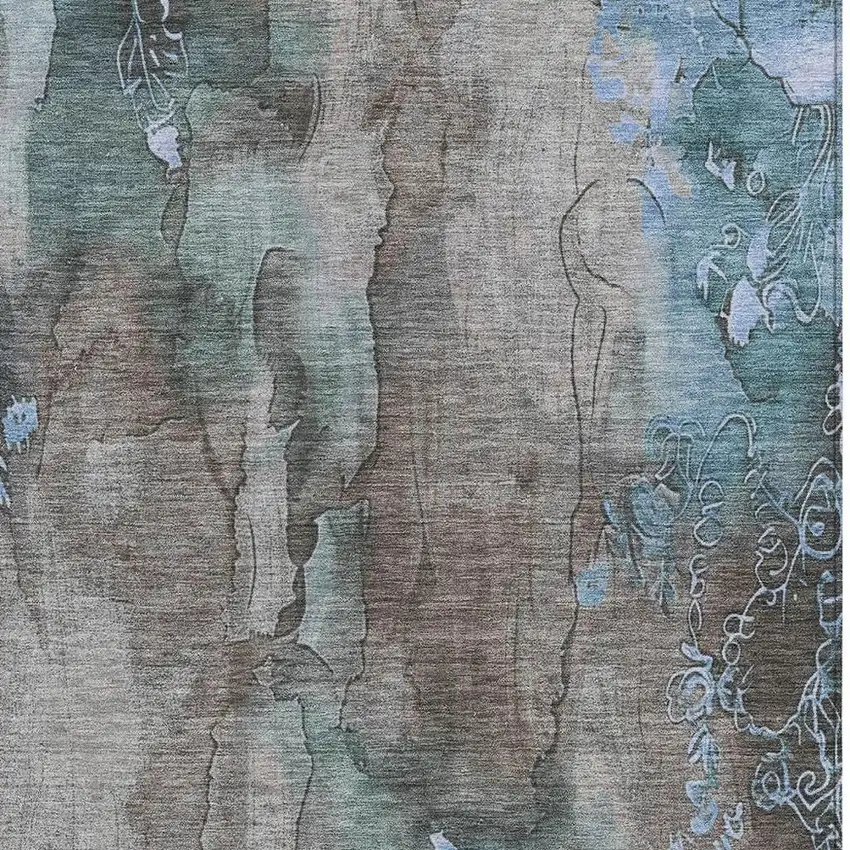 Taupe And Blue Floral Washable Indoor Outdoor Area Rug Photo 3