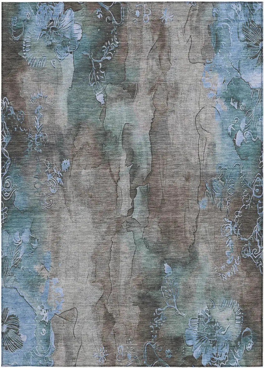 Taupe And Blue Floral Washable Indoor Outdoor Area Rug Photo 1