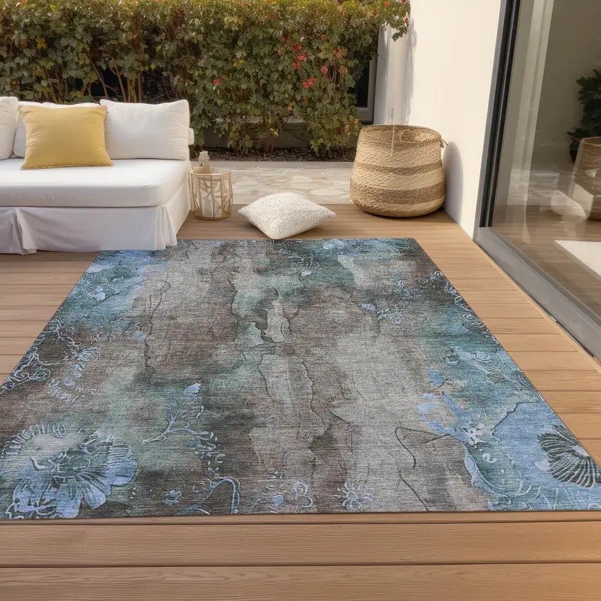 Taupe And Blue Floral Washable Indoor Outdoor Area Rug Photo 8