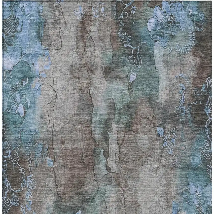 Taupe And Blue Floral Washable Indoor Outdoor Area Rug Photo 4