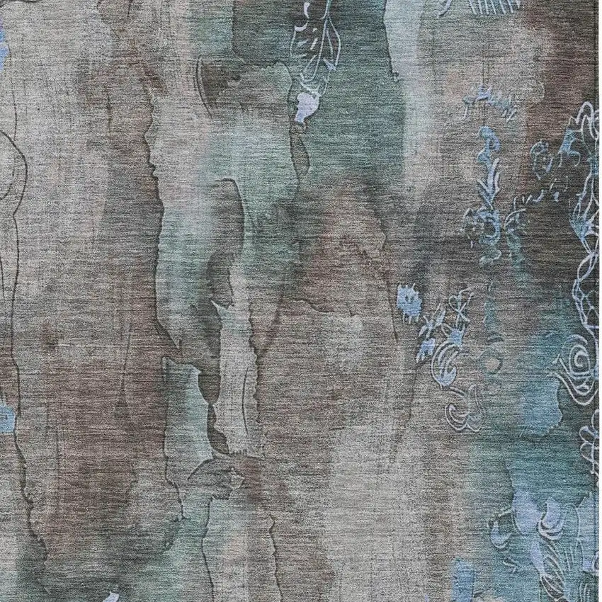 Taupe And Blue Floral Washable Indoor Outdoor Area Rug Photo 3