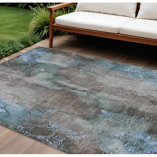 Taupe And Blue Floral Washable Indoor Outdoor Area Rug Photo 2