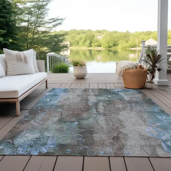 Taupe And Blue Floral Washable Indoor Outdoor Area Rug Photo 5