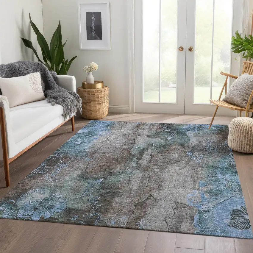 Taupe And Blue Floral Washable Indoor Outdoor Area Rug Photo 7
