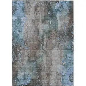 Photo of Taupe And Blue Floral Washable Indoor Outdoor Area Rug
