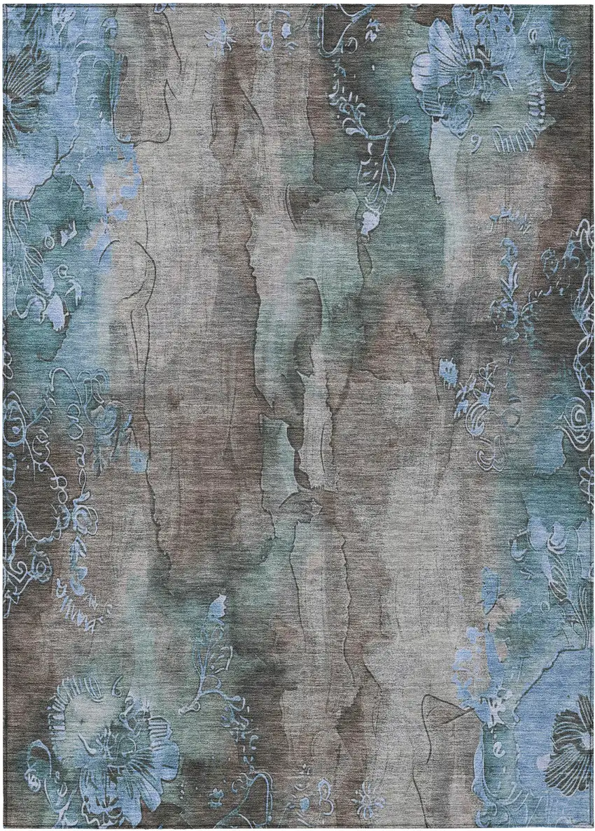 Taupe And Blue Floral Washable Indoor Outdoor Area Rug Photo 1