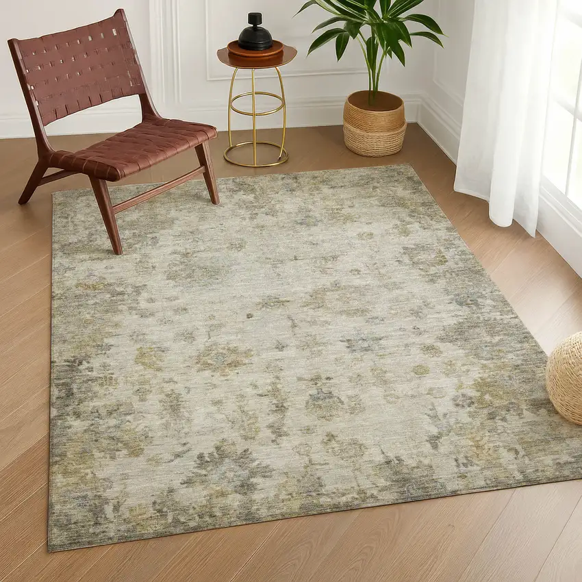 Taupe And Blue Floral Washable Indoor Outdoor Area Rug Photo 9