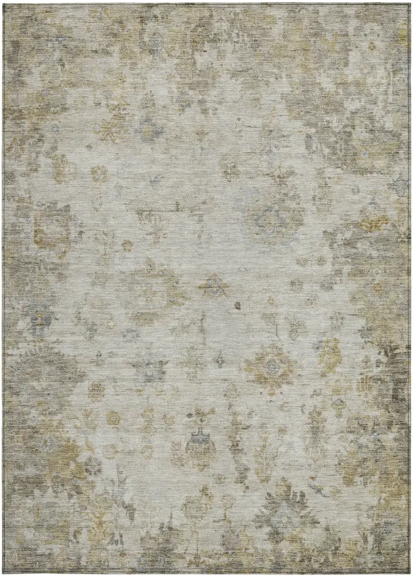 Taupe And Blue Floral Washable Indoor Outdoor Area Rug Photo 4