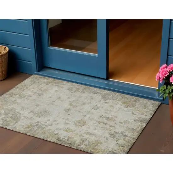 Taupe And Blue Floral Washable Indoor Outdoor Area Rug Photo 1
