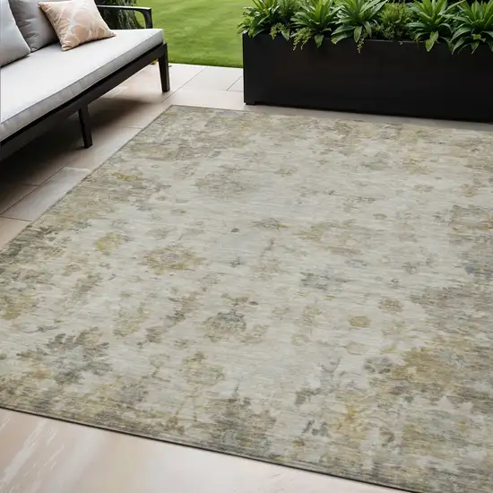 Taupe And Blue Floral Washable Indoor Outdoor Area Rug Photo 1