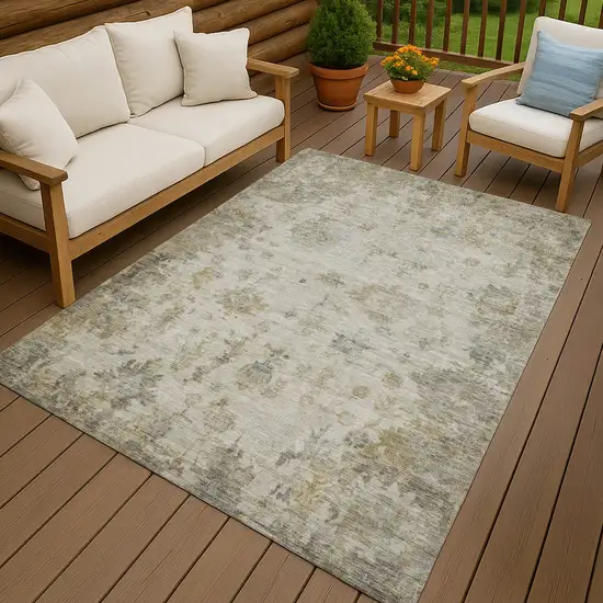 Taupe And Blue Floral Washable Indoor Outdoor Area Rug Photo 9