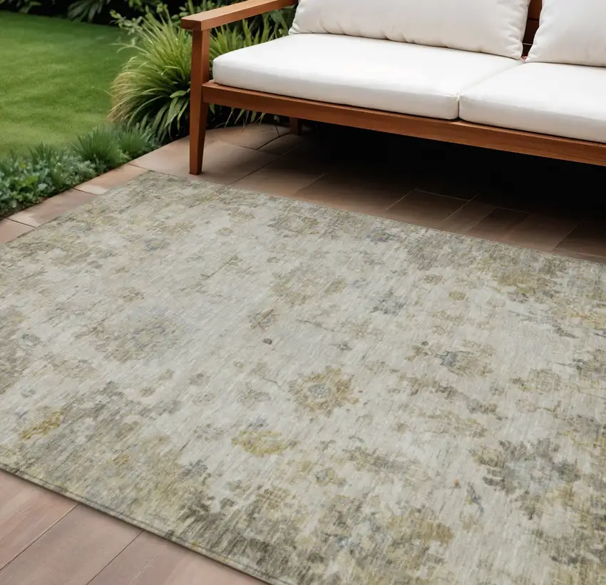 Taupe And Blue Floral Washable Indoor Outdoor Area Rug Photo 1