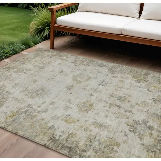 Taupe And Blue Floral Washable Indoor Outdoor Area Rug Photo 1