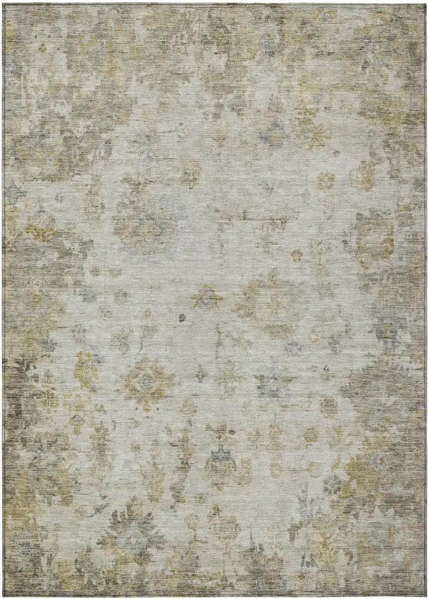 Taupe And Blue Floral Washable Indoor Outdoor Area Rug Photo 2