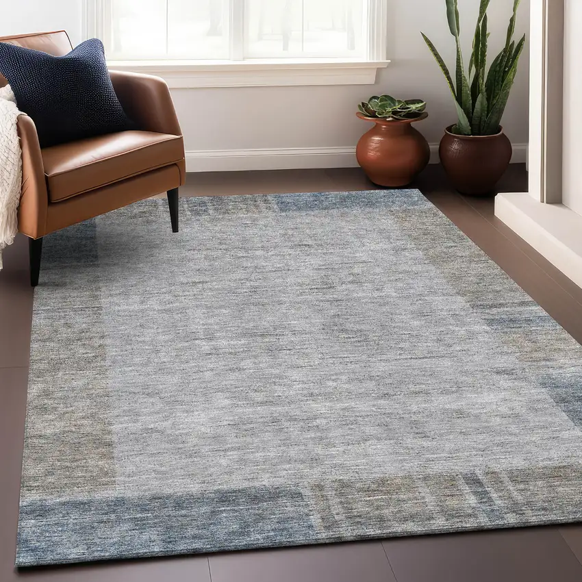 Taupe And Blue Geometric Washable Area Rug With UV Protection Photo 4