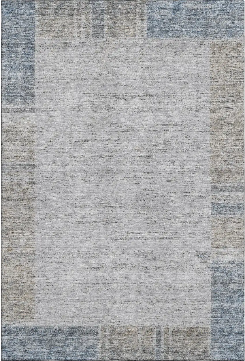 Taupe And Blue Geometric Washable Area Rug With UV Protection Photo 1