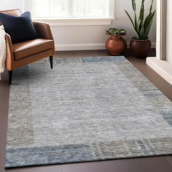 Taupe And Blue Geometric Washable Area Rug With UV Protection Photo 5