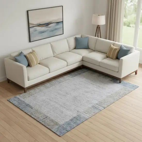 Taupe And Blue Geometric Washable Area Rug With UV Protection Photo 1