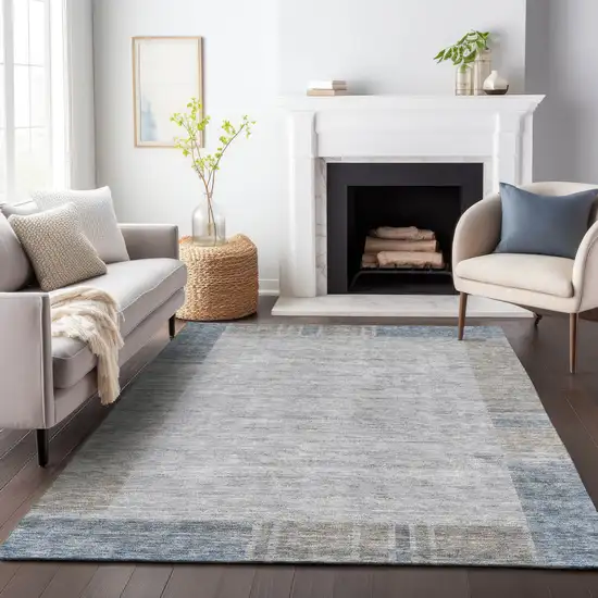 Taupe And Blue Geometric Washable Area Rug With UV Protection Photo 4