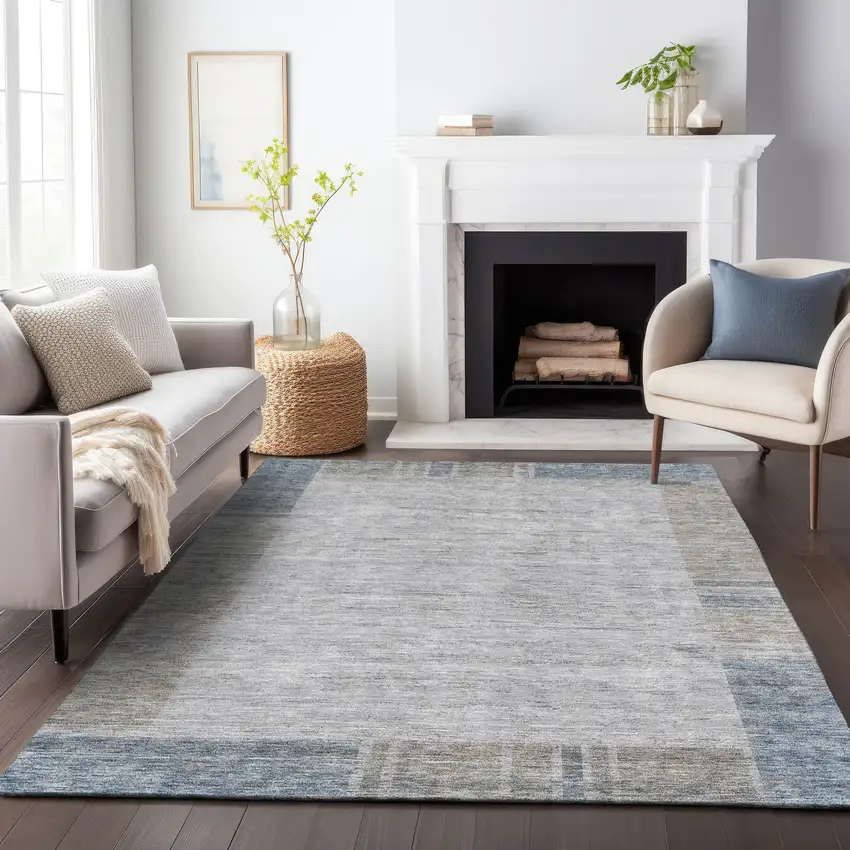 Taupe And Blue Geometric Washable Area Rug With UV Protection Photo 4