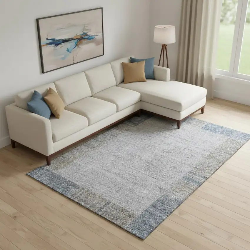 Taupe And Blue Geometric Washable Area Rug With UV Protection Photo 1