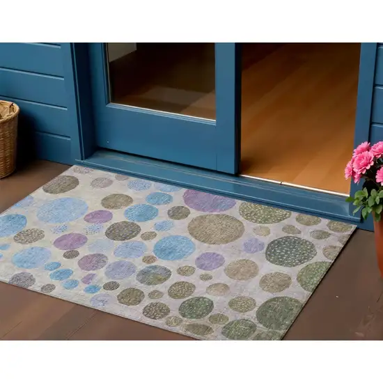 Taupe And Blue Geometric Washable Indoor Outdoor Area Rug Photo 2