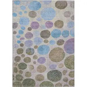 Photo of Taupe And Blue Geometric Washable Indoor Outdoor Area Rug