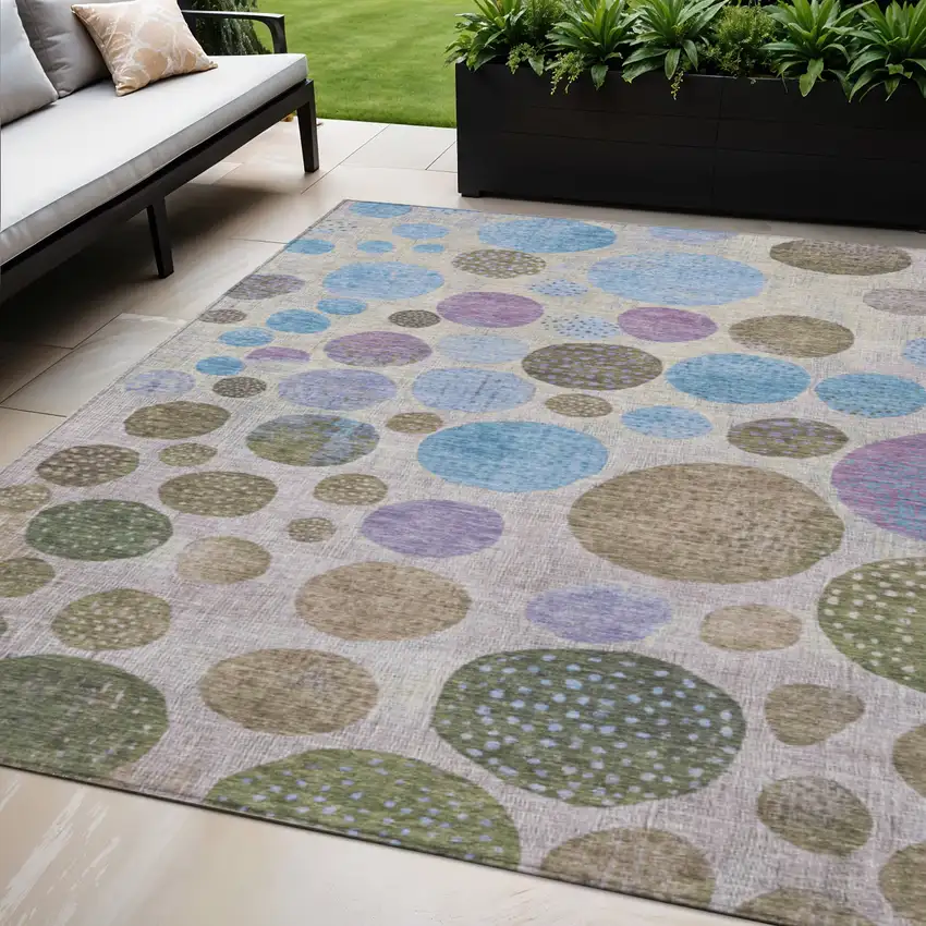 Taupe And Blue Geometric Washable Indoor Outdoor Area Rug Photo 2