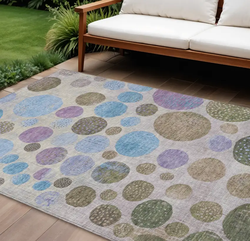 Taupe And Blue Geometric Washable Indoor Outdoor Area Rug Photo 2
