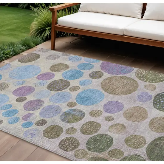 Taupe And Blue Geometric Washable Indoor Outdoor Area Rug Photo 2