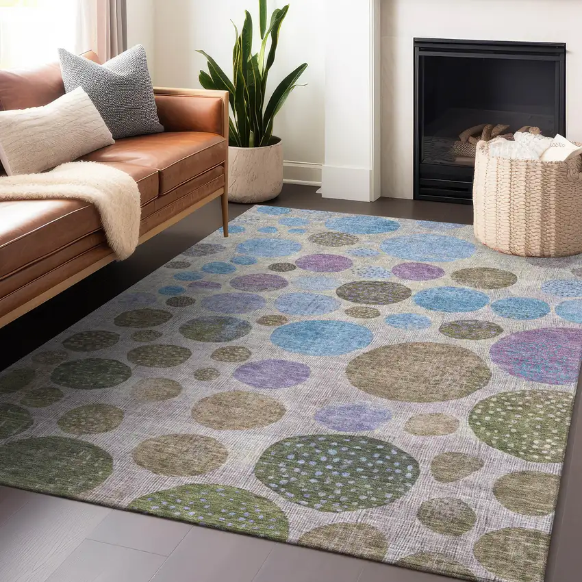 Taupe And Blue Geometric Washable Indoor Outdoor Area Rug Photo 6