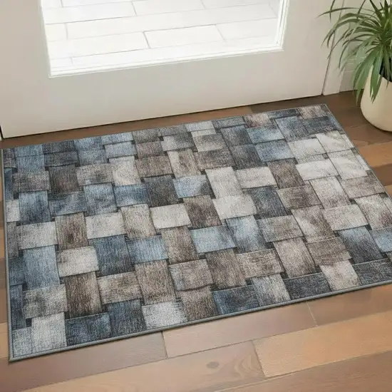 Taupe And Blue Striped Washable Area Rug With UV Protection Photo 2