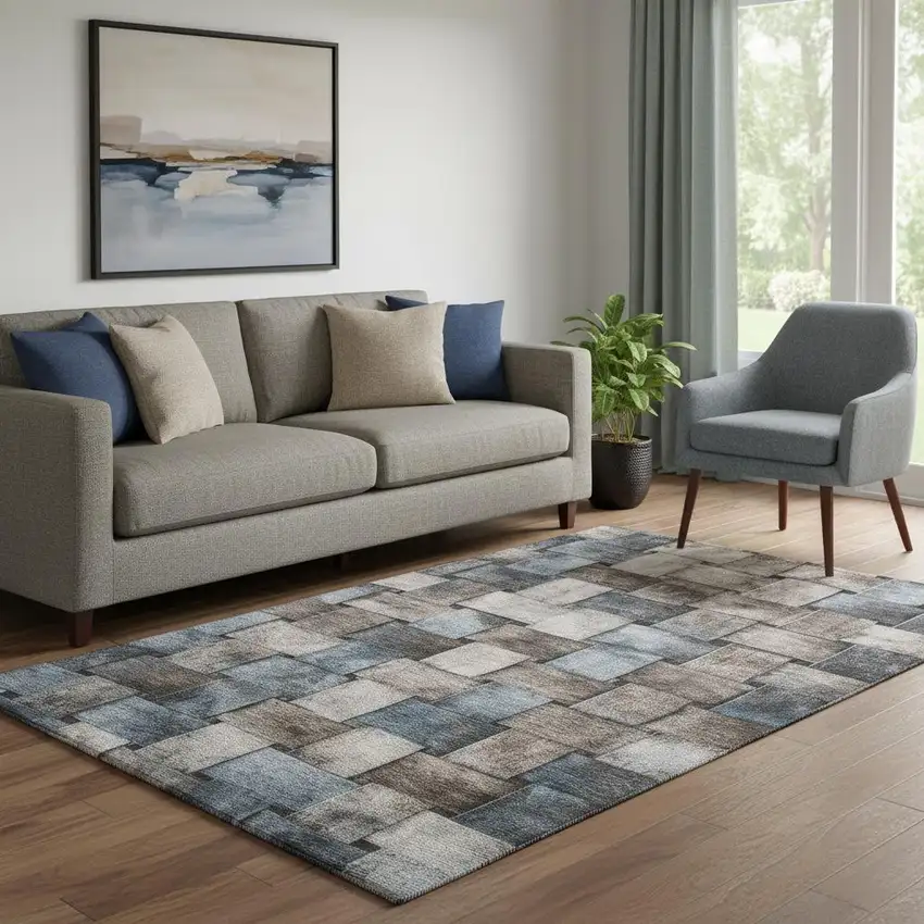 Taupe And Blue Striped Washable Area Rug With UV Protection Photo 2
