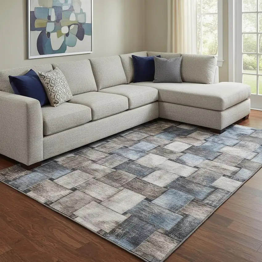 Taupe And Blue Striped Washable Area Rug With UV Protection Photo 2