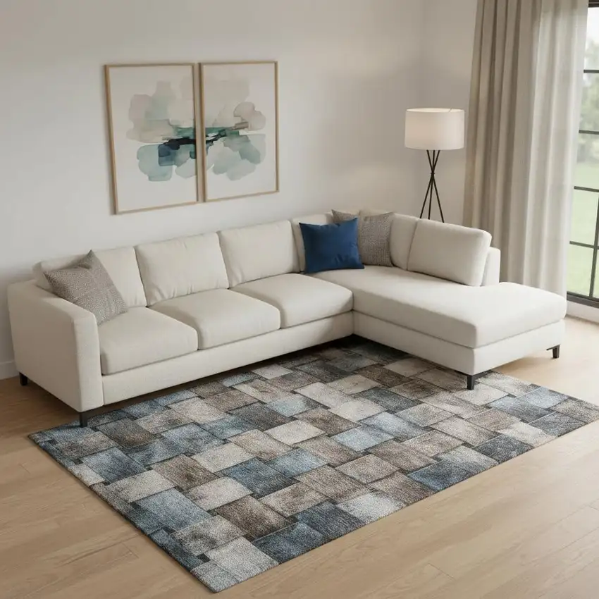 Taupe And Blue Striped Washable Area Rug With UV Protection Photo 2