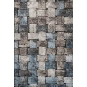 Photo of Taupe And Blue Striped Washable Area Rug With UV Protection