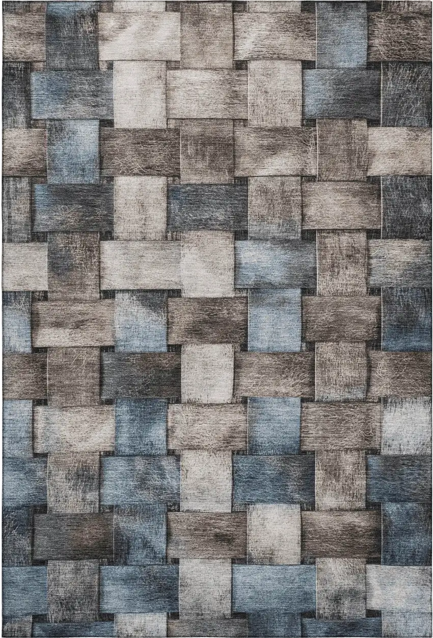 Taupe And Blue Striped Washable Area Rug With UV Protection Photo 1