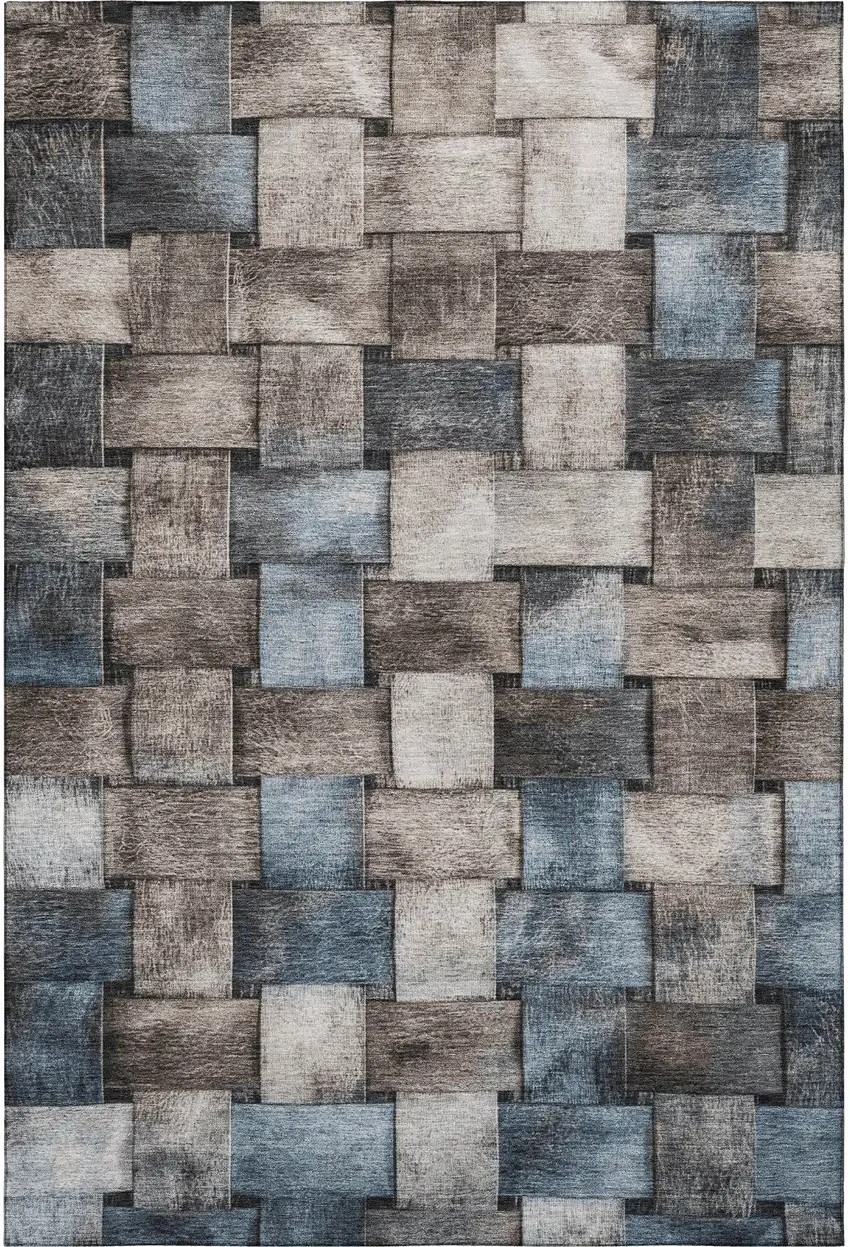 Taupe And Blue Striped Washable Area Rug With UV Protection Photo 3