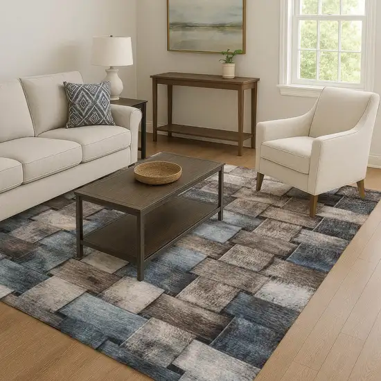Taupe And Blue Striped Washable Area Rug With UV Protection Photo 5