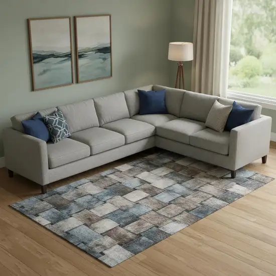 Taupe And Blue Striped Washable Area Rug With UV Protection Photo 2