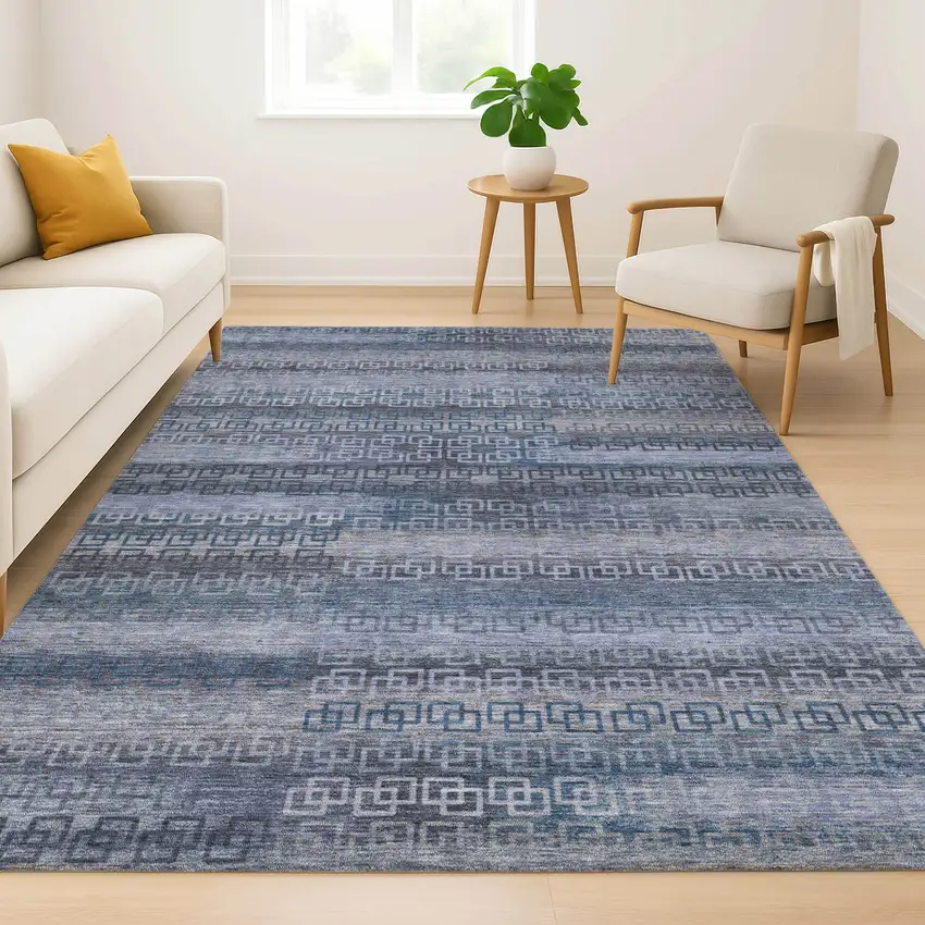 Taupe And Blue Striped Washable Area Rug With UV Protection Photo 6
